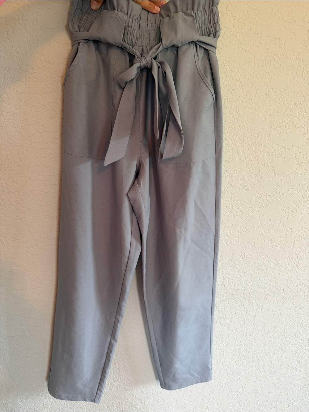 High-Rise Paperbag Wide Leg Pants in Light Gray with Self-Tie Belt